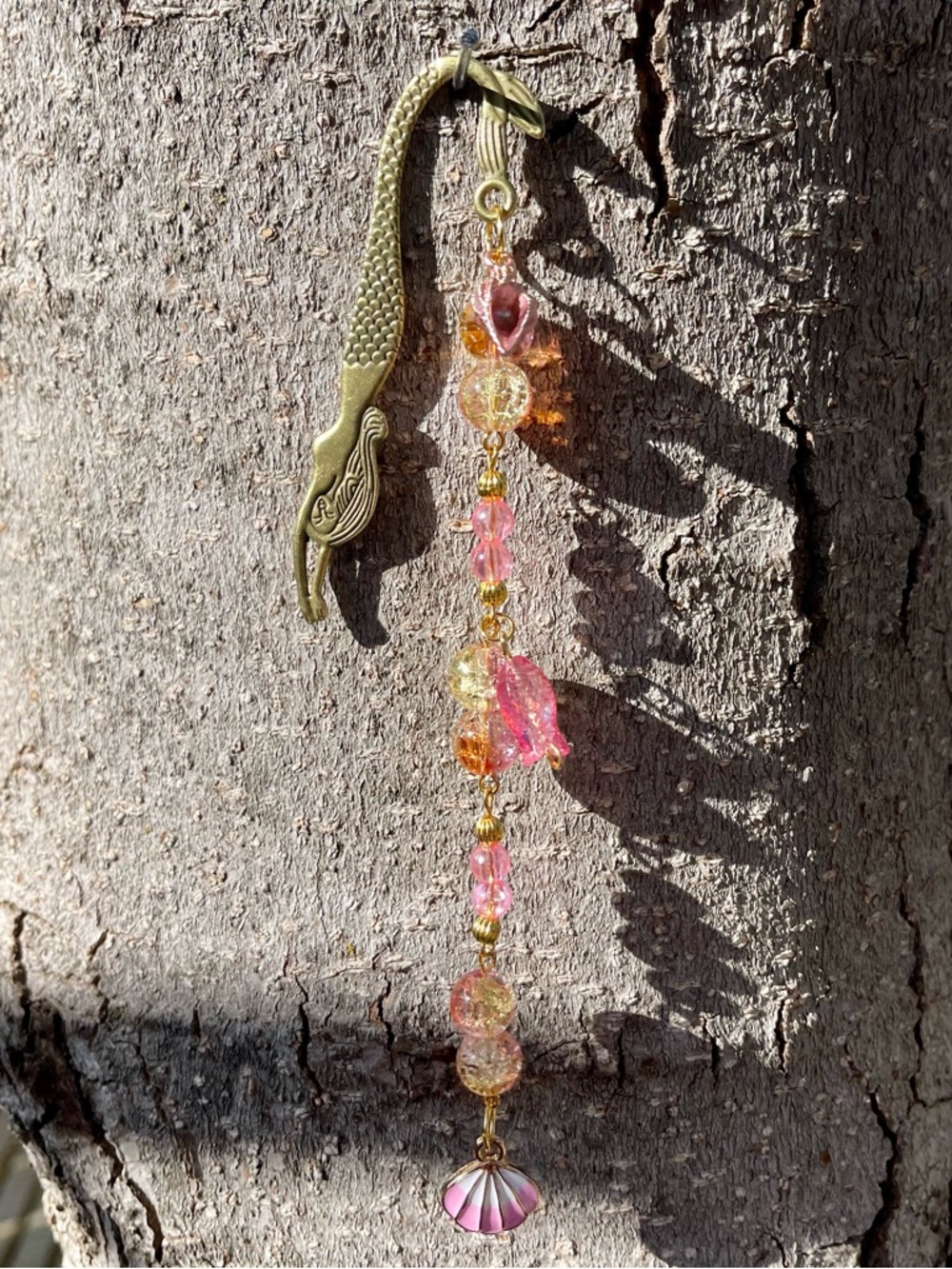Gold Mermaid Bookmark with Pink Beads and Shell Charm